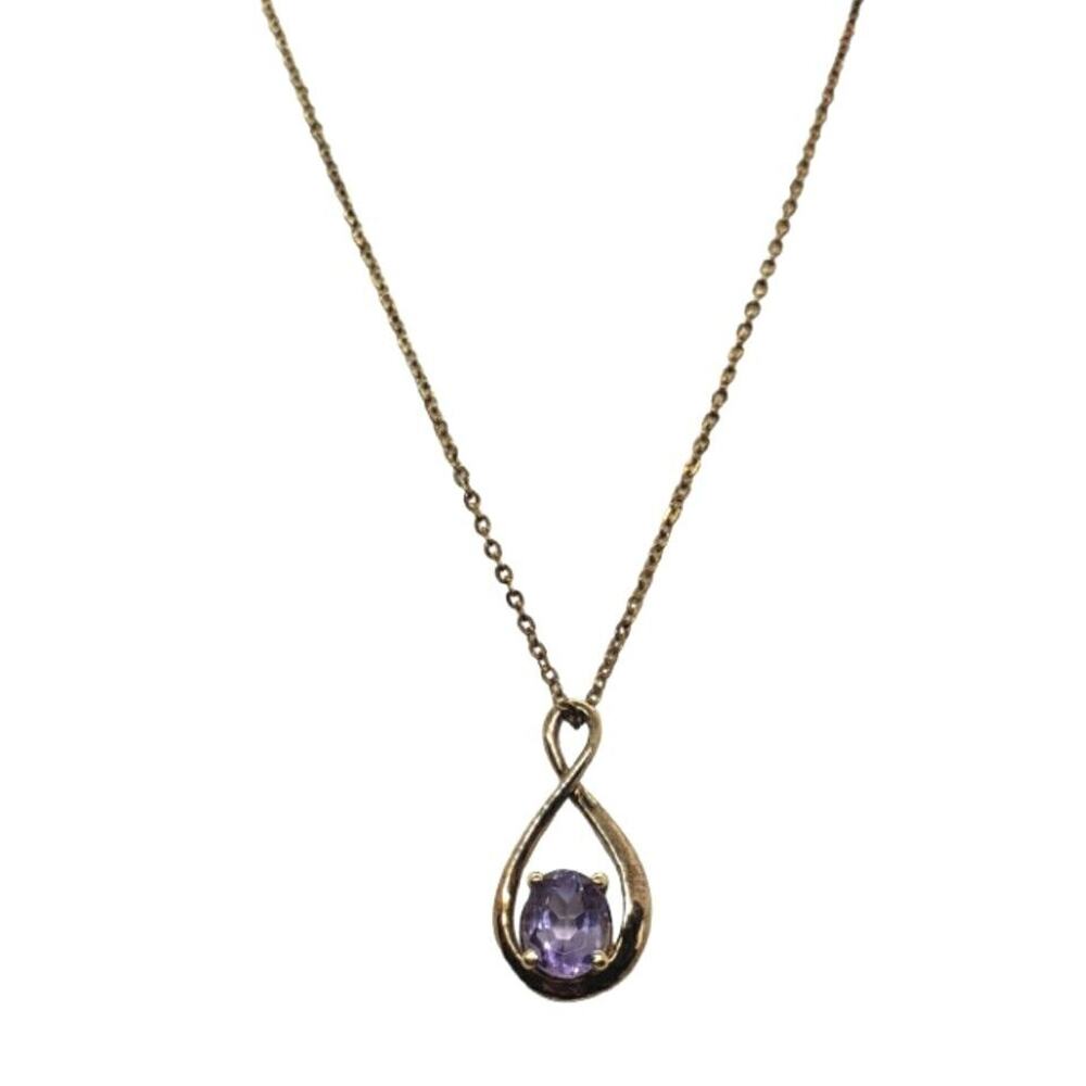 Vintage Amethyst Glass Pendant Necklace 14k Gold GE on Chain signed LIND